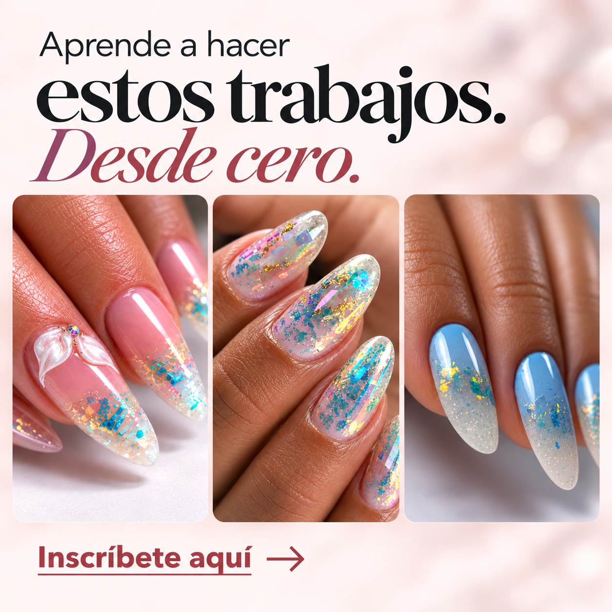 Aprende a hacer estos trabajos de uñas desde cero. Inscríbete aquí.
